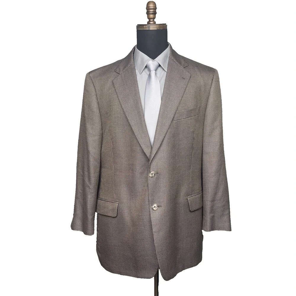 Joseph Abboud Silk Wool Blazer 46R Brown Blue Micro Houndstooth Check Tweed USA